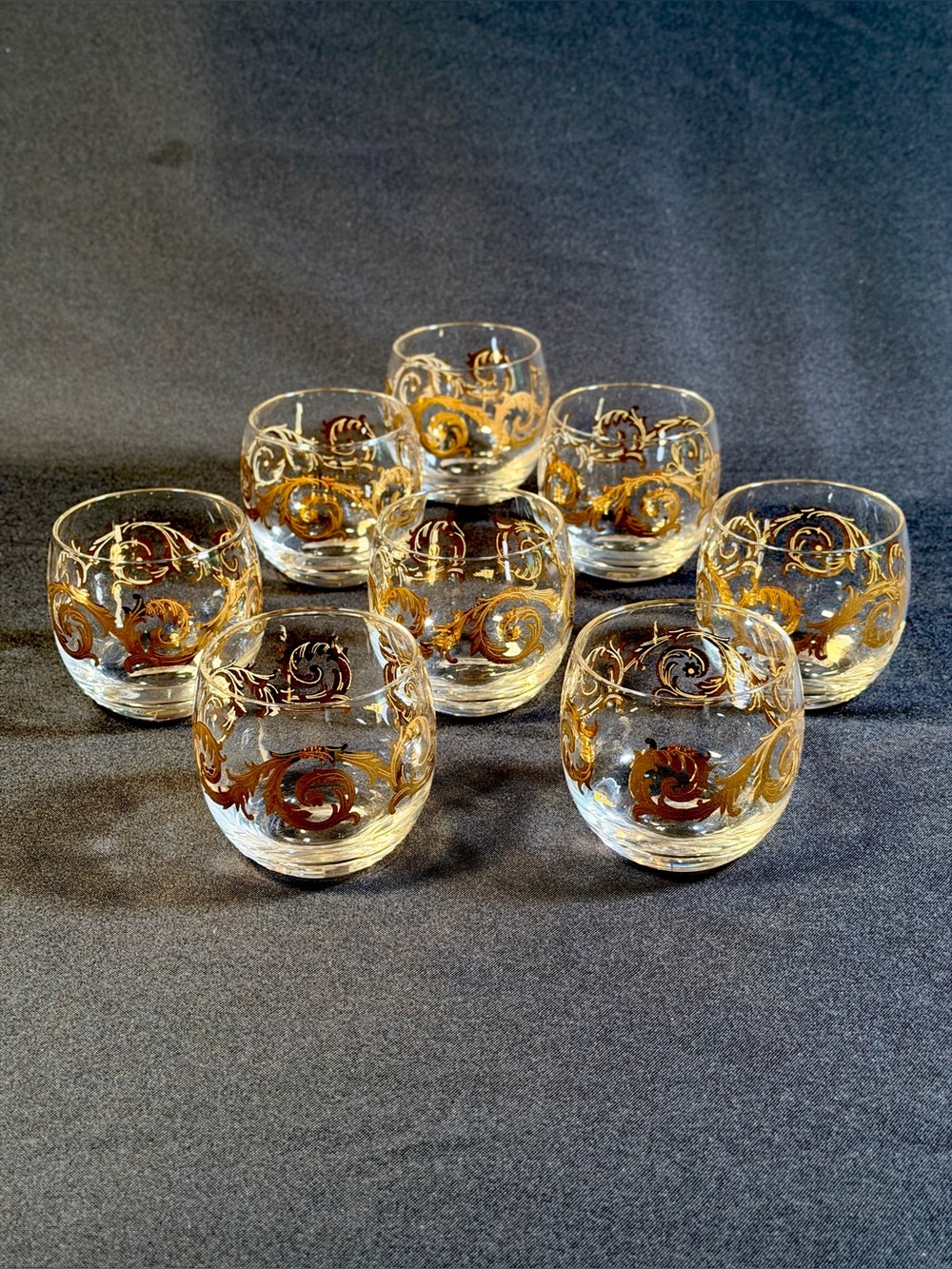 Vintage Cera  22K Gold Scroll Roly Poly Lowball Cocktail Glasses Set of 8 MCM
